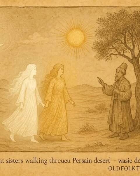 Parchment-style artwork of the moon-faced beauty and sun-faced bride guided by a dervish, Persian folktale scene.