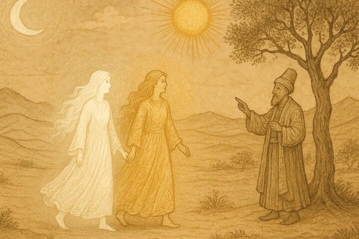 Parchment-style artwork of the moon-faced beauty and sun-faced bride guided by a dervish, Persian folktale scene.