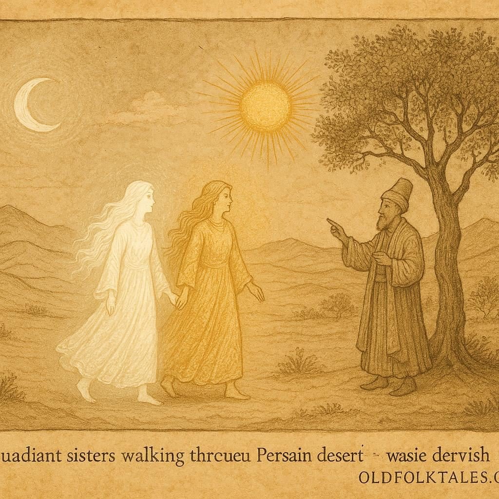 Parchment-style artwork of the moon-faced beauty and sun-faced bride guided by a dervish, Persian folktale scene.