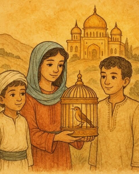 Parchment-style artwork of Layla and her brothers with the magical bird, Jordanian folktale scene.
