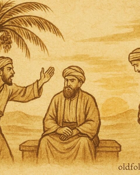 Parchment-style artwork of an Iraqi judge hearing two men’s dispute under a desert palm, symbolizing truth and wisdom.