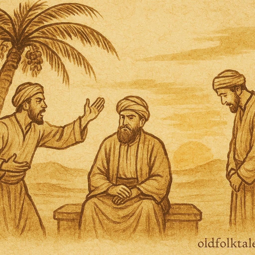 Parchment-style artwork of an Iraqi judge hearing two men’s dispute under a desert palm, symbolizing truth and wisdom.