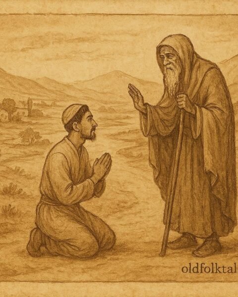 Parchment-style artwork of Rahim meeting a beggar saint, Uzbek folktale scene.