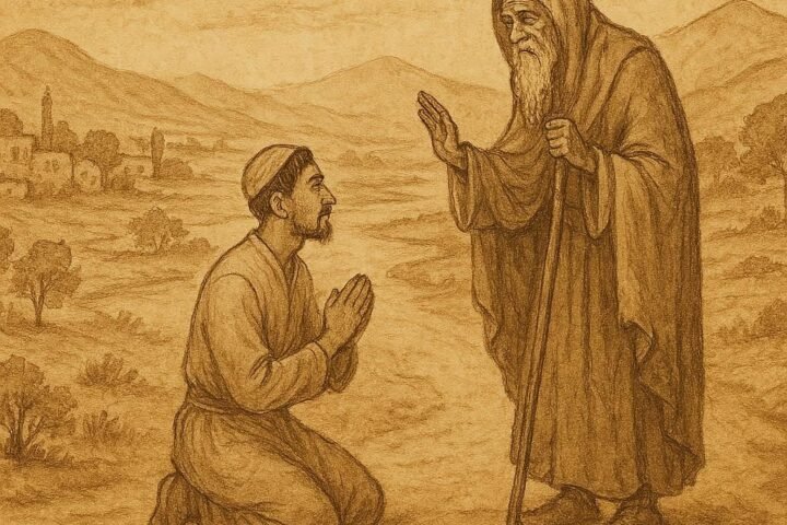 Parchment-style artwork of Rahim meeting a beggar saint, Uzbek folktale scene.
