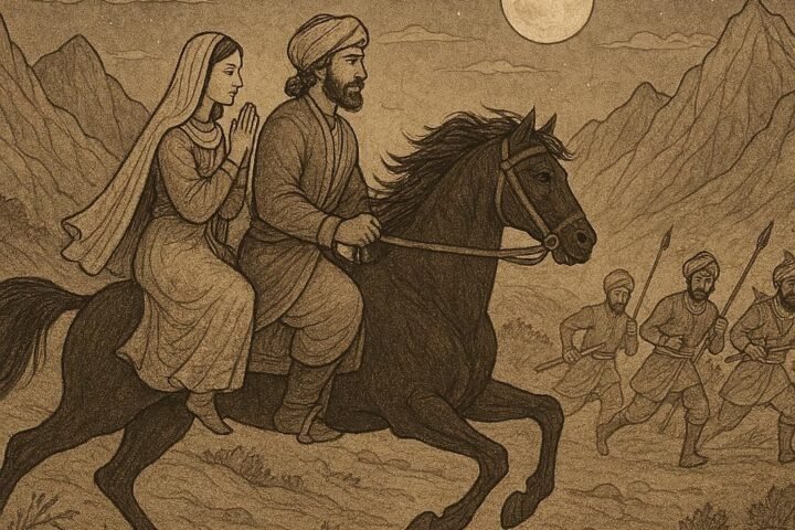 Parchment-style artwork of Mirza and the princess fleeing on horseback, Afghan folktale scene.