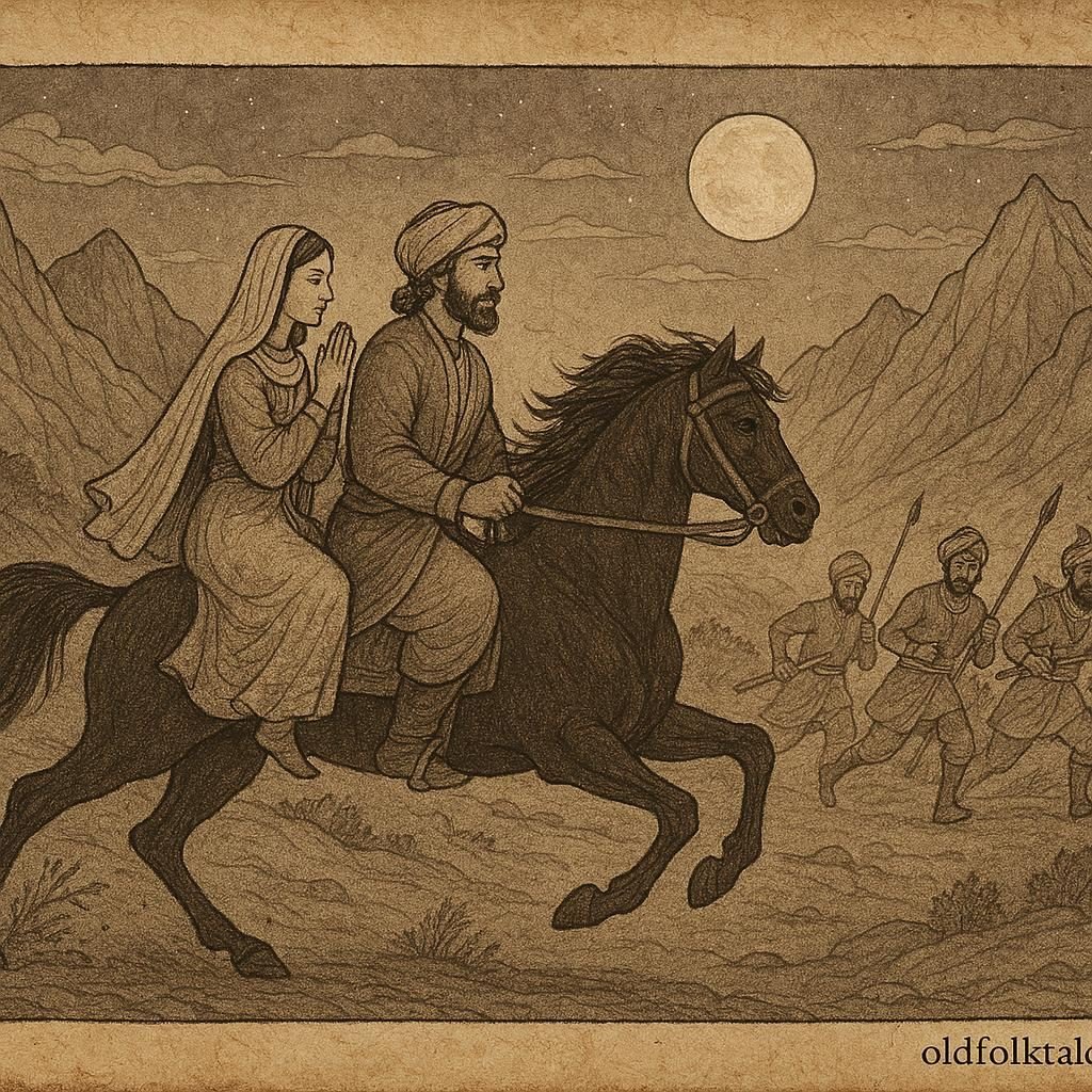 Parchment-style artwork of Mirza and the princess fleeing on horseback, Afghan folktale scene.