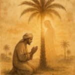 Parchment-style artwork of Bahraini farmer and mystical palm tree bride at sunrise