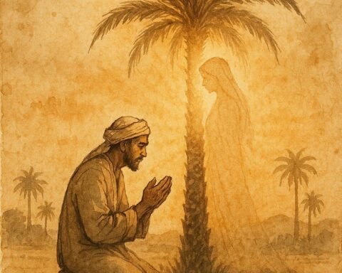 Parchment-style artwork of Bahraini farmer and mystical palm tree bride at sunrise