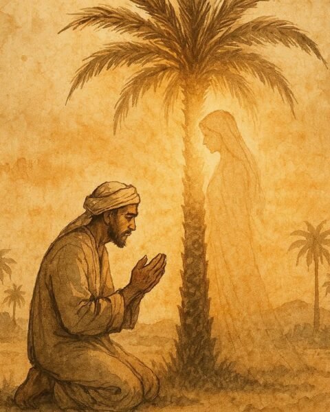 Parchment-style artwork of Bahraini farmer and mystical palm tree bride at sunrise