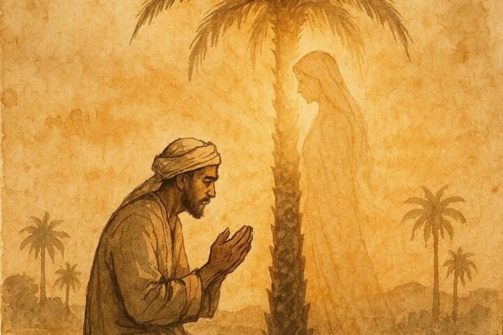 Parchment-style artwork of Bahraini farmer and mystical palm tree bride at sunrise