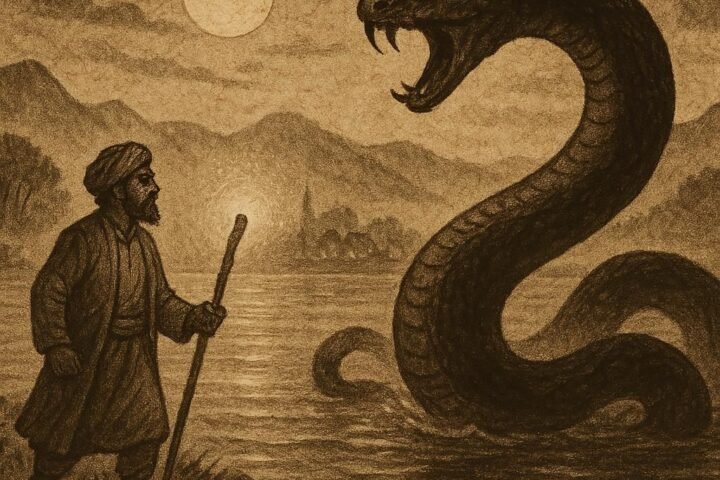 Parchment-style artwork of Dilmurad confronting the serpent by a moonlit Afghan lake, Afghan folktale scene.