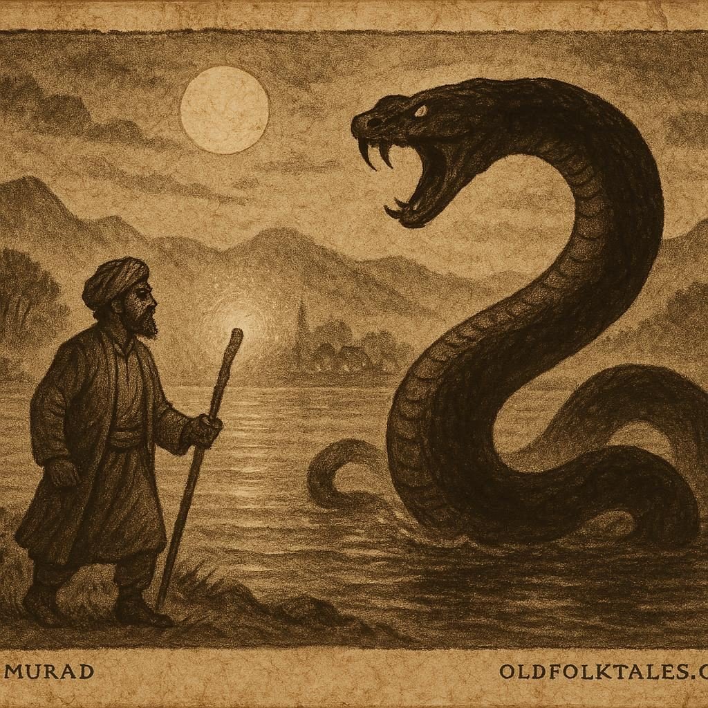 Parchment-style artwork of Dilmurad confronting the serpent by a moonlit Afghan lake, Afghan folktale scene.