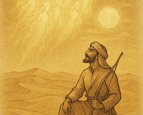 Parchment-style artwork of Suhail aiming his bow beneath the moon and seven stars in Qatari sky lore.