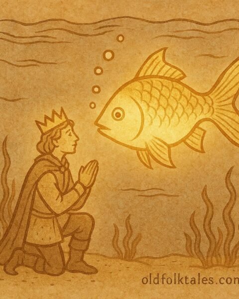 Parchment-style artwork of a prince meeting the glowing Golden-Headed Fish under the sea, Israeli folktale scene.