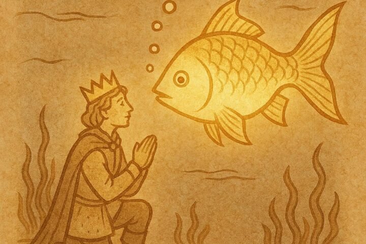 Parchment-style artwork of a prince meeting the glowing Golden-Headed Fish under the sea, Israeli folktale scene.