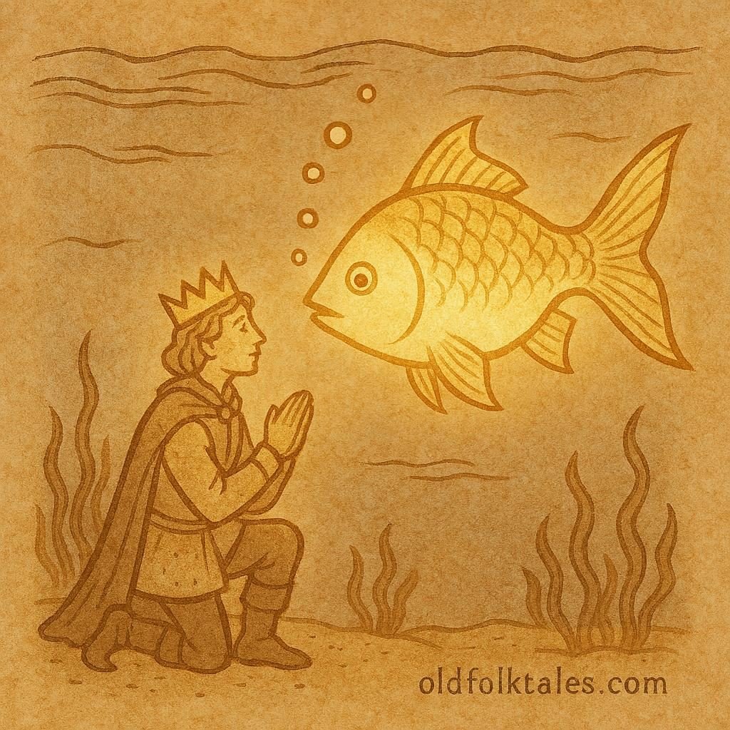 Parchment-style artwork of a prince meeting the glowing Golden-Headed Fish under the sea, Israeli folktale scene.