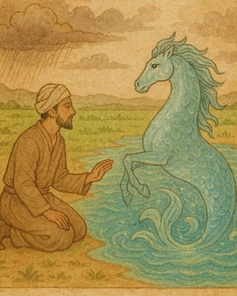 Parchment-style artwork of Rahim meeting a silver sea-horse by Persian shores, Iranian folktale scene.