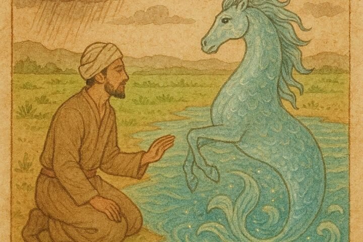 Parchment-style artwork of Rahim meeting a silver sea-horse by Persian shores, Iranian folktale scene.