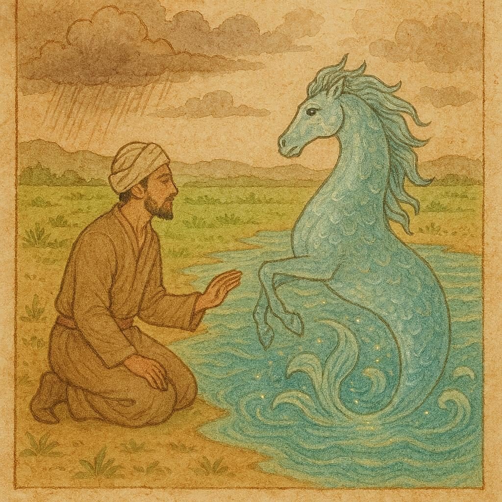 Parchment-style artwork of Rahim meeting a silver sea-horse by Persian shores, Iranian folktale scene.