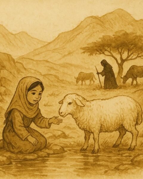 Parchment-style artwork of Omani girl beside a pond and a sheep, Dhofari folktale scene.