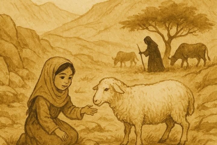 Parchment-style artwork of Omani girl beside a pond and a sheep, Dhofari folktale scene.