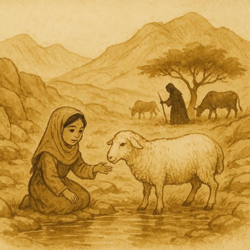 Parchment-style artwork of Omani girl beside a pond and a sheep, Dhofari folktale scene.