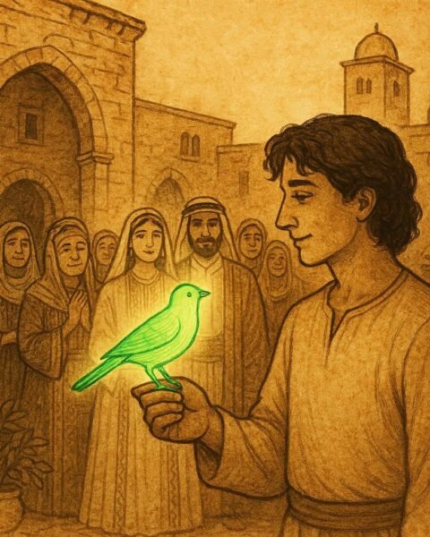 Parchment-style artwork of a green bird reuniting with her brother at a Palestinian wedding scene.