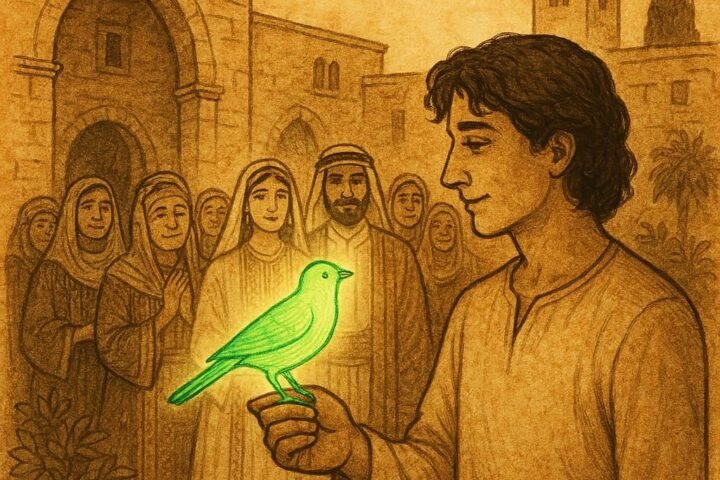 Parchment-style artwork of a green bird reuniting with her brother at a Palestinian wedding scene.