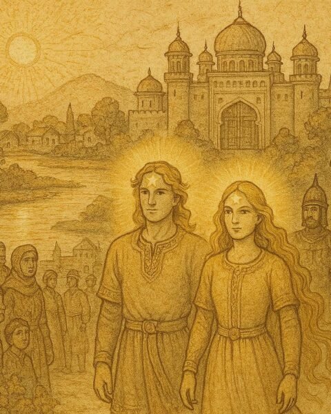 Parchment-style illustration of Zarlik and Munglik before the palace, Uzbek folktale scene.