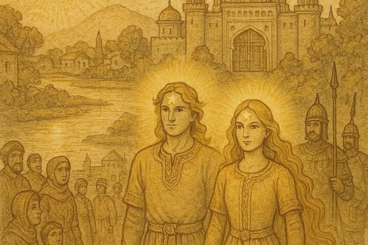 Parchment-style illustration of Zarlik and Munglik before the palace, Uzbek folktale scene.