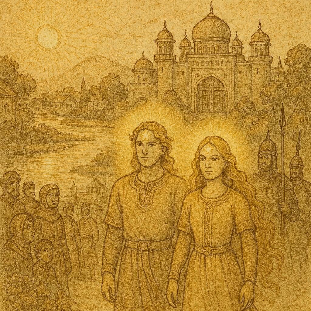 Parchment-style illustration of Zarlik and Munglik before the palace, Uzbek folktale scene.