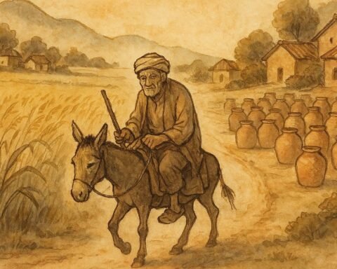 Parchment-style artwork of Syrian farmer on a donkey between grain fields and clay pots, symbolising rain and fate