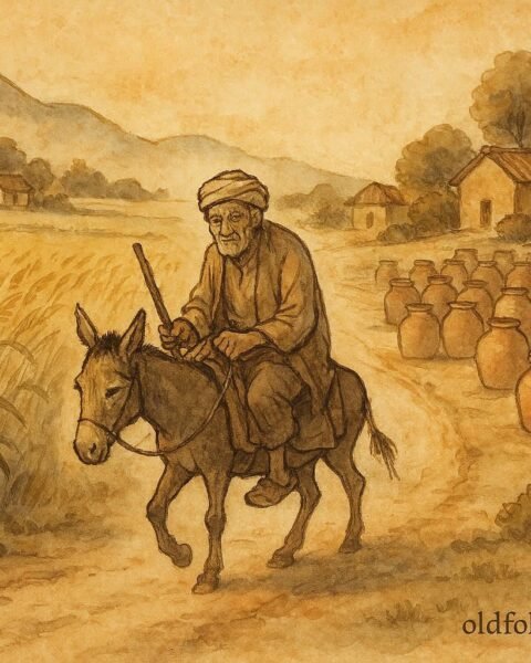Parchment-style artwork of Syrian farmer on a donkey between grain fields and clay pots, symbolising rain and fate
