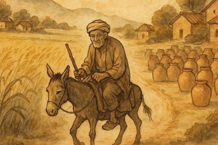 Parchment-style artwork of Syrian farmer on a donkey between grain fields and clay pots, symbolising rain and fate