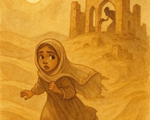 Parchment-style illustration of a Bahraini girl fleeing a ghoul near Riffa under desert moonlight.