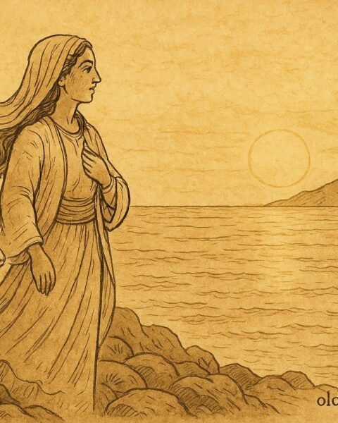 Parchment-style artwork of a Socotri poetess with her goat by the sea, Yemeni folktale