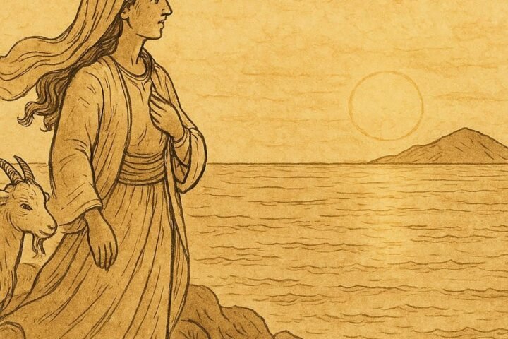 Parchment-style artwork of a Socotri poetess with her goat by the sea, Yemeni folktale
