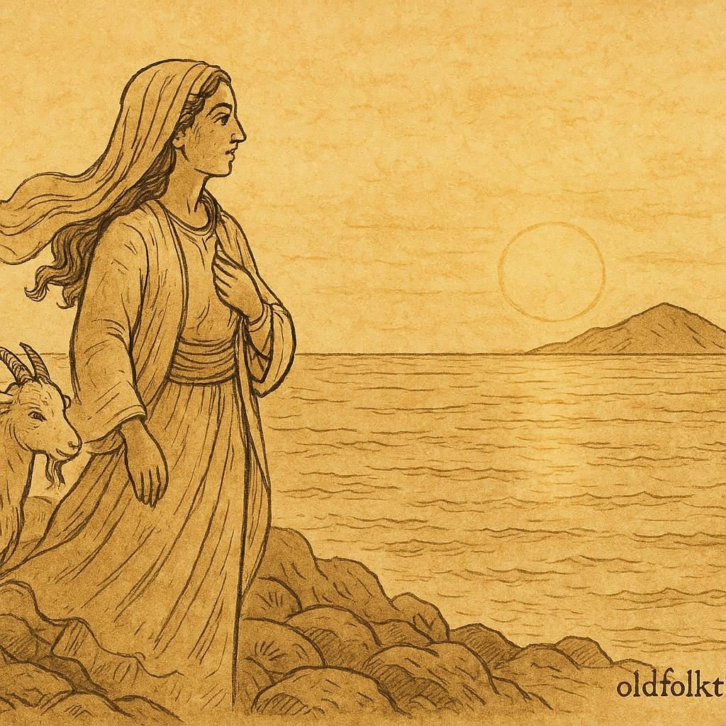 Parchment-style artwork of a Socotri poetess with her goat by the sea, Yemeni folktale