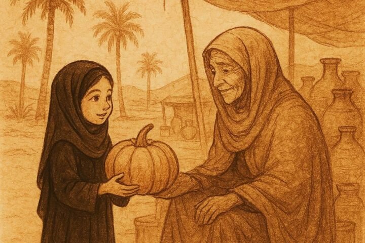Parchment-style artwork of a Saudi girl with a pumpkin at a desert market, magical folktale scene.