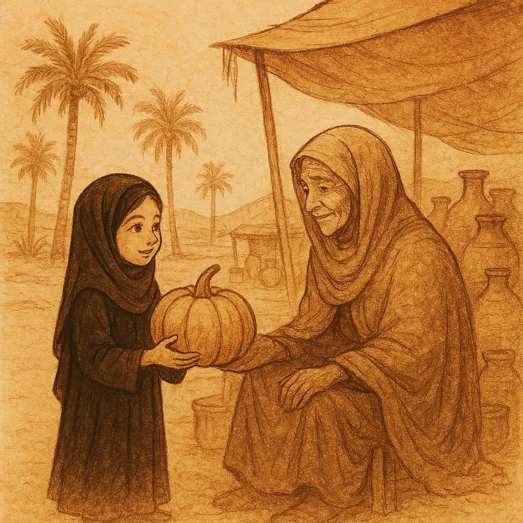 Parchment-style artwork of a Saudi girl with a pumpkin at a desert market, magical folktale scene.