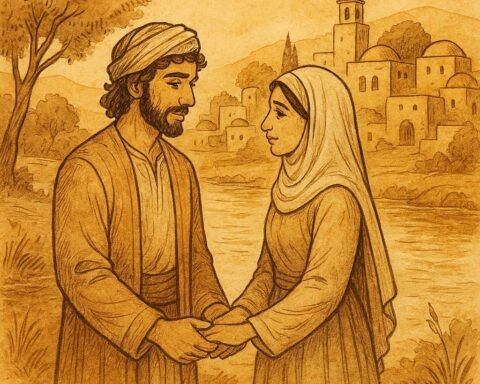 Parchment-style art of Arzeh and Anbar by the river, Syrian folktale of devotion