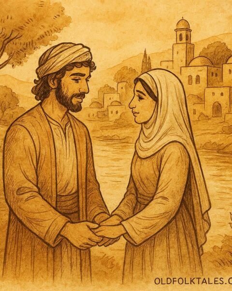 Parchment-style art of Arzeh and Anbar by the river, Syrian folktale of devotion