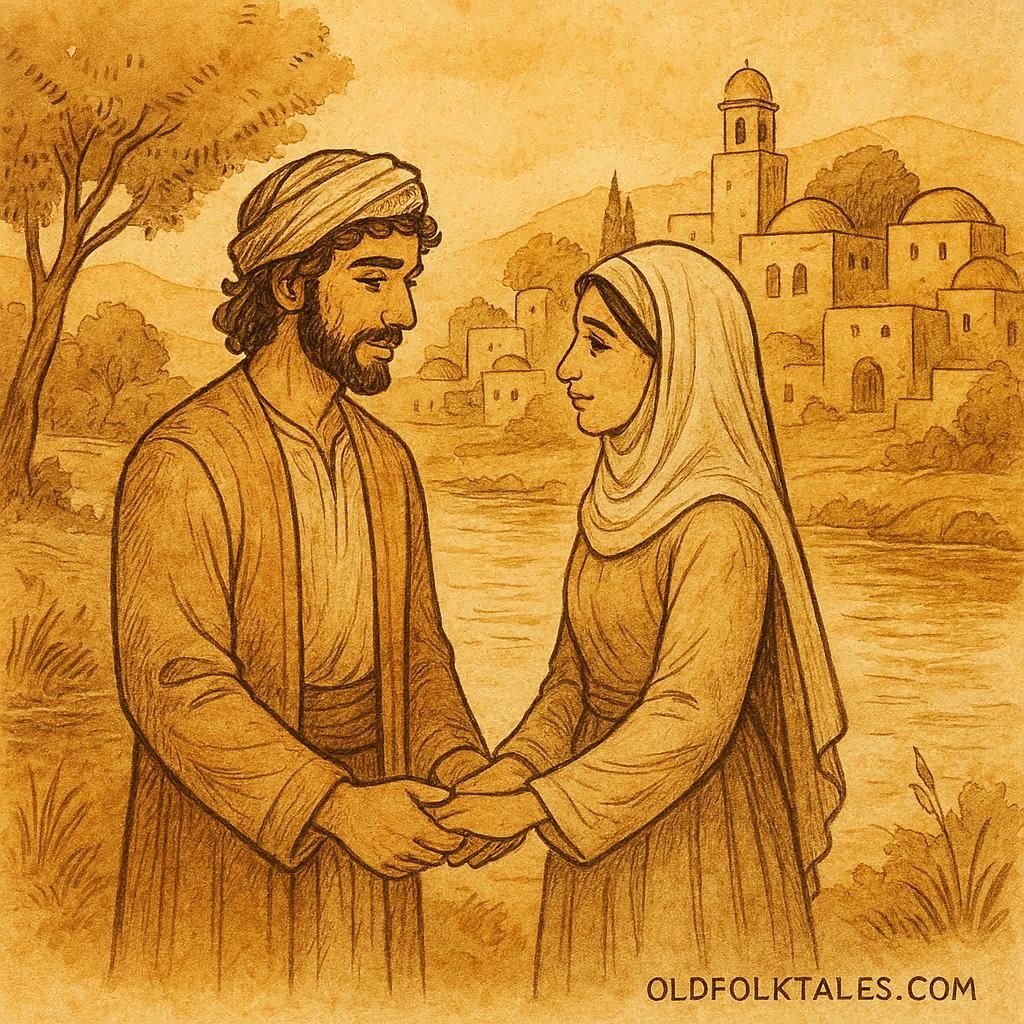 Parchment-style art of Arzeh and Anbar by the river, Syrian folktale of devotion