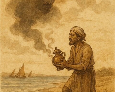 Parchment-style artwork of a Bahraini fisherman holding a copper jar with a smoky jinni emerging by the sea.