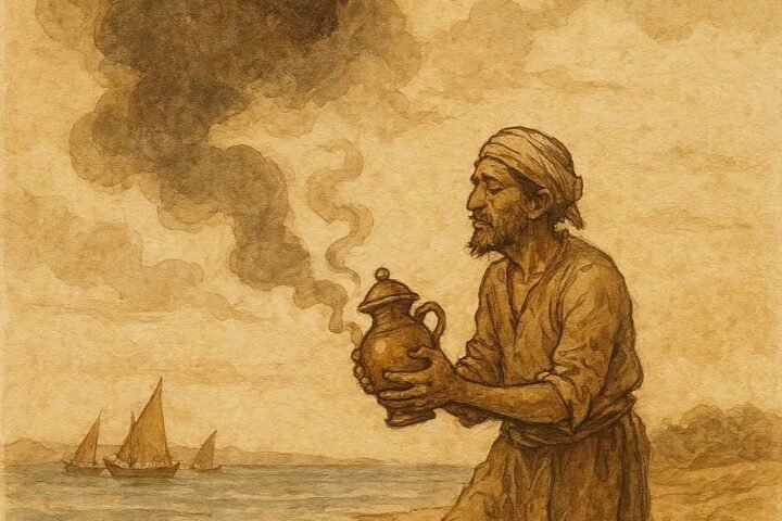 Parchment-style artwork of a Bahraini fisherman holding a copper jar with a smoky jinni emerging by the sea.