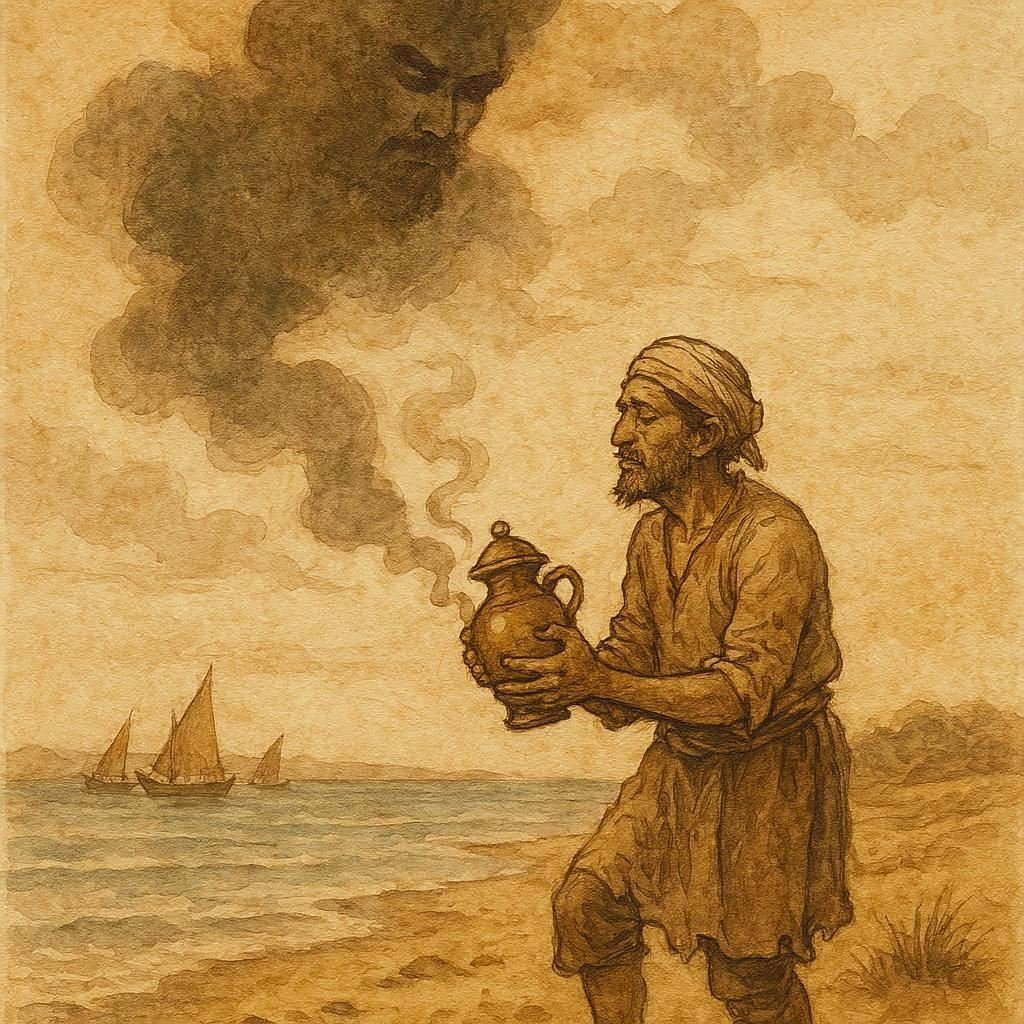 Parchment-style artwork of a Bahraini fisherman holding a copper jar with a smoky jinni emerging by the sea.