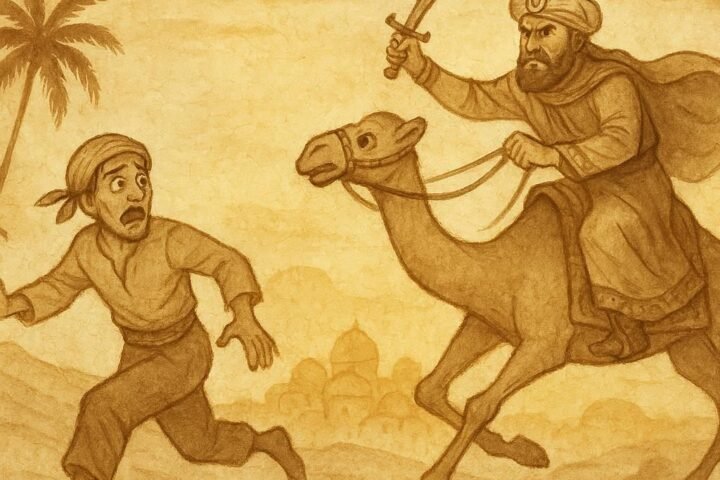 Parchment-style artwork of a Yemeni king chasing a thief across the desert, Socotra Island folktale.
