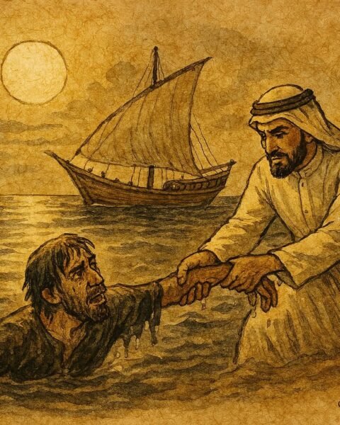 Parchment-style artwork of a Qatari merchant rescuing a thief from the sea under moonlight.