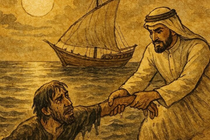 Parchment-style artwork of a Qatari merchant rescuing a thief from the sea under moonlight.