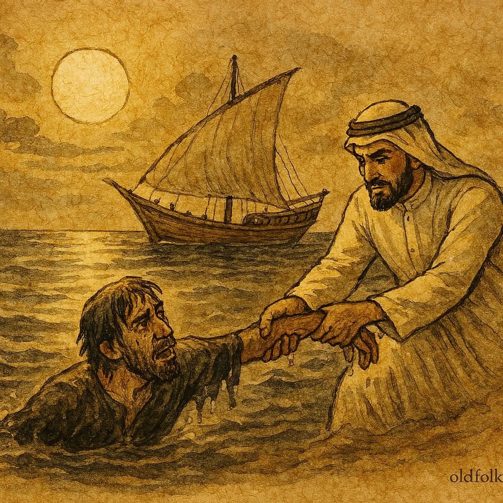 Parchment-style artwork of a Qatari merchant rescuing a thief from the sea under moonlight.